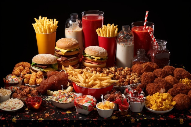 a table full of food including a burger fries and ketchup