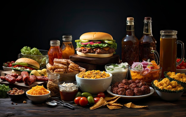 A table full of food including a burger and salad.