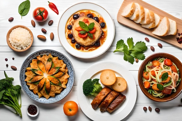 Photo a table full of food including chicken, vegetables, and bread