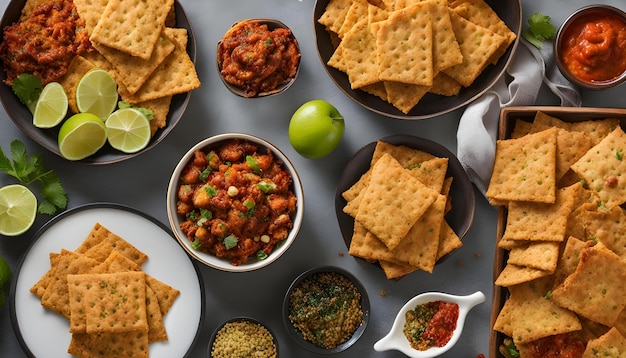 a table full of food including crackers crackers and a lime