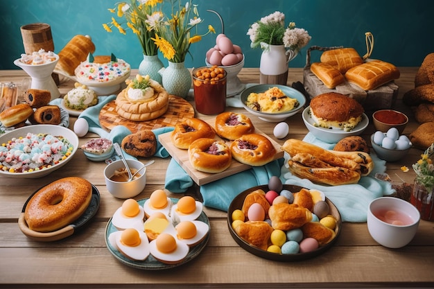 A table full of food including eggs, bread, and eggs.