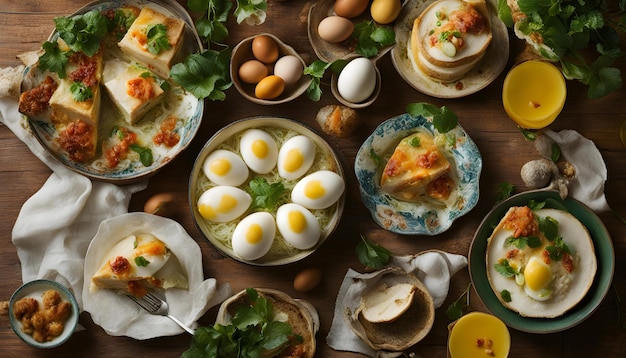 a table full of food including eggs eggs and a plate of food