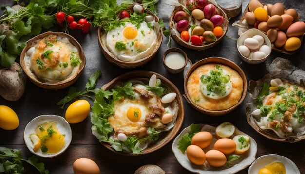 a table full of food including eggs eggs and vegetables