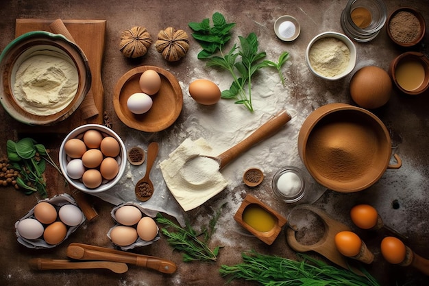 A table full of food including eggs, flour, and herbs.