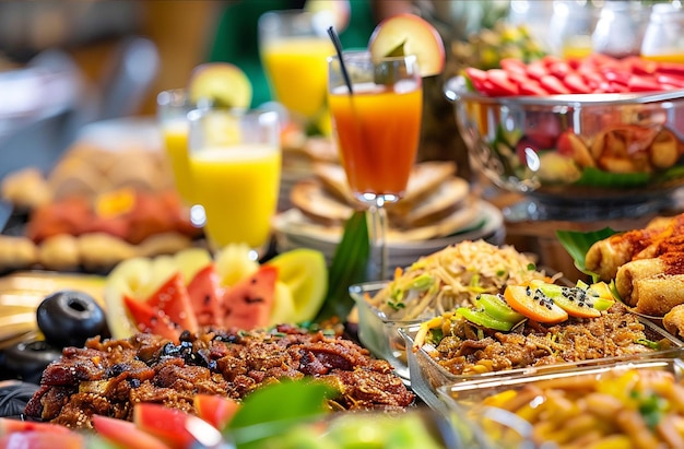 a table full of food including fruit fruit and a drink