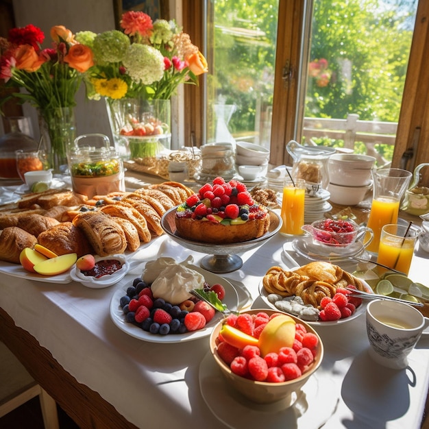 a table full of food including fruit, fruit, and flowers.