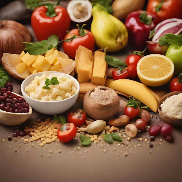 Foto un tavolo pieno di cibo, comprese frutta, noci e noci