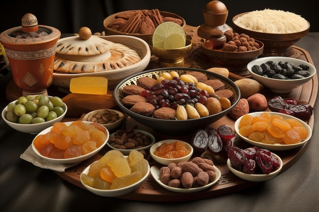 A table full of food including fruits and nuts.