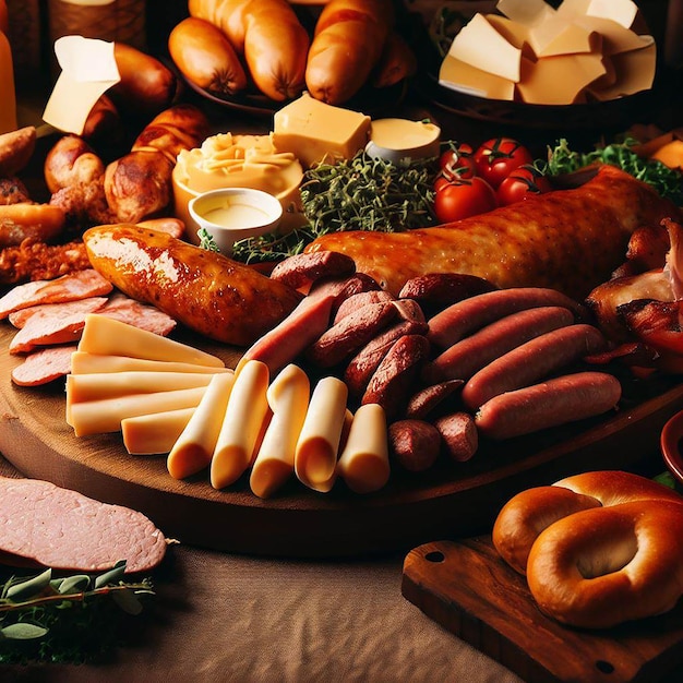 A table full of food including meat, cheese, and meat.