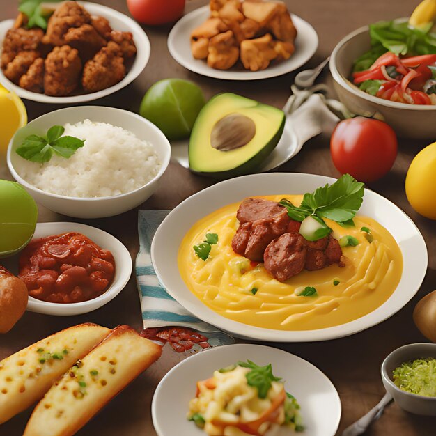 Photo a table full of food including meat cheese and vegetables