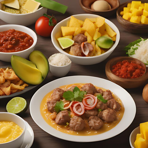 a table full of food including meat rice and vegetables