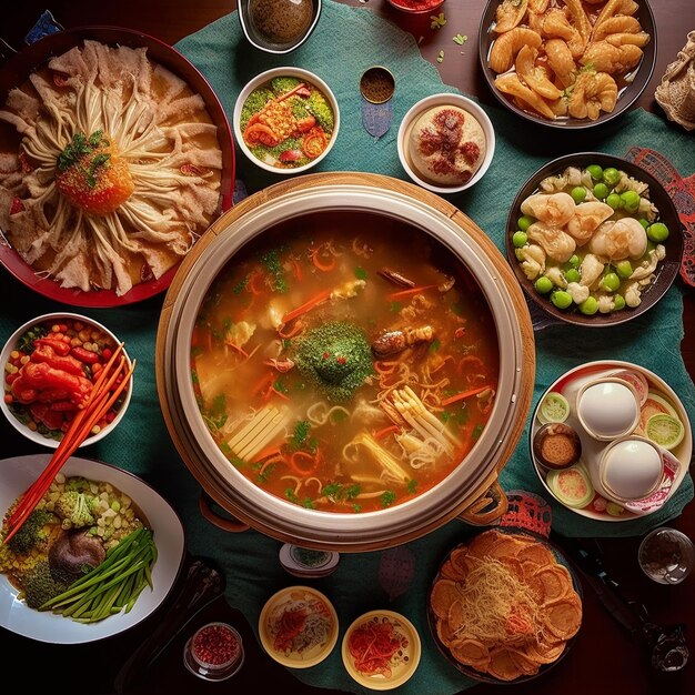 a table full of food including noodles broccoli and noodles