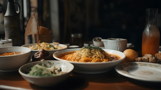 국수, 고기 및 기타 요리를 포함한 음식으로 가득 찬 테이블.