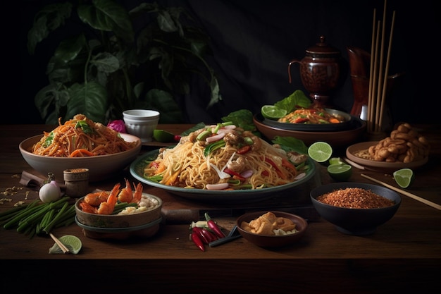 A table full of food including noodles, vegetables, and other food.