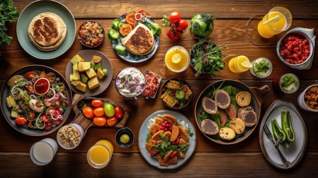 a table full of food including a pan of food with a pan of food on it.