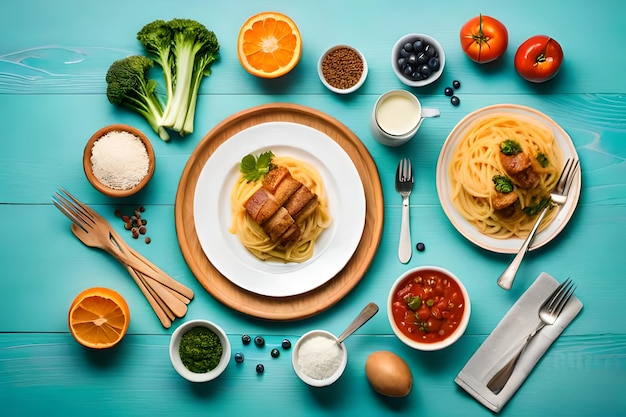 A table full of food including pasta, broccoli, and other foods.