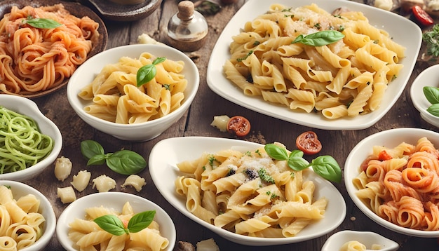 a table full of food including pasta parsley and basil