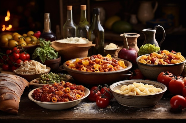 Photo a table full of food including pasta