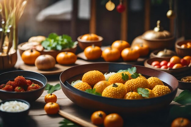 A table full of food including pineapples and tomatoes