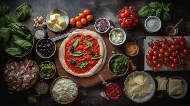 Foto un tavolo pieno di cibo tra cui pizza, formaggio, olive e altri ingredienti.