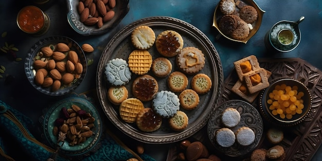 Photo a table full of food including a plate of cookies and a plate of cookies