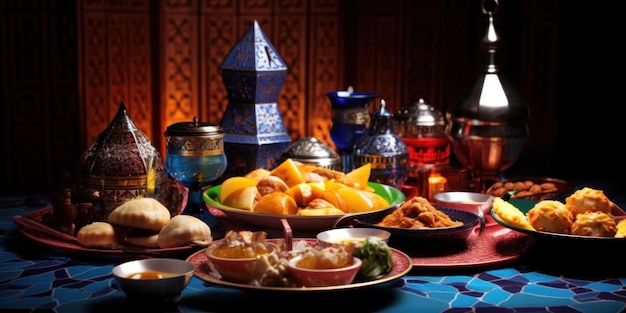 食べ物の盛り合わせと青いテーブル クロスを含む、食べ物でいっぱいのテーブル。