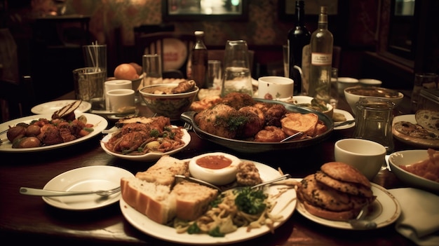 Стол, полный еды, включая тарелку с едой и бутылку вина.