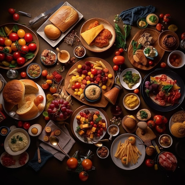 Foto una tavola piena di cibo tra cui un piatto di cibo e una pagnotta di pane.