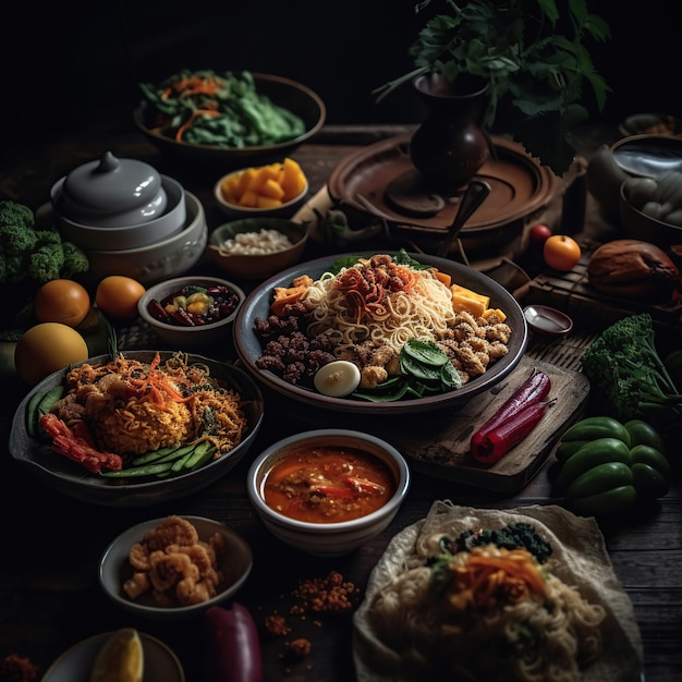 A table full of food including a plate of food with a variety of food including prawns shrimp