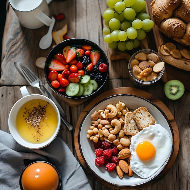 a table full of food including a plate of fruit and a cup of tea