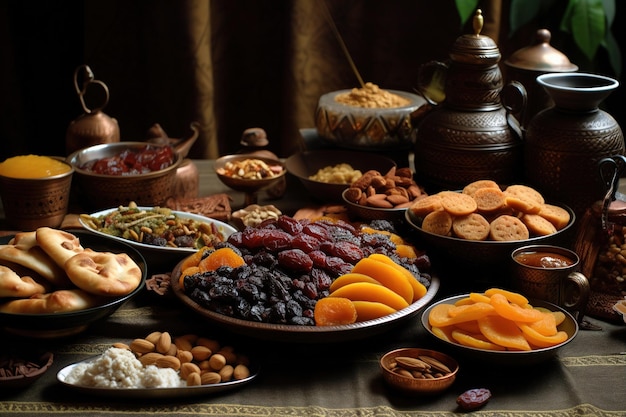 A table full of food including a plate of fruit and nuts.