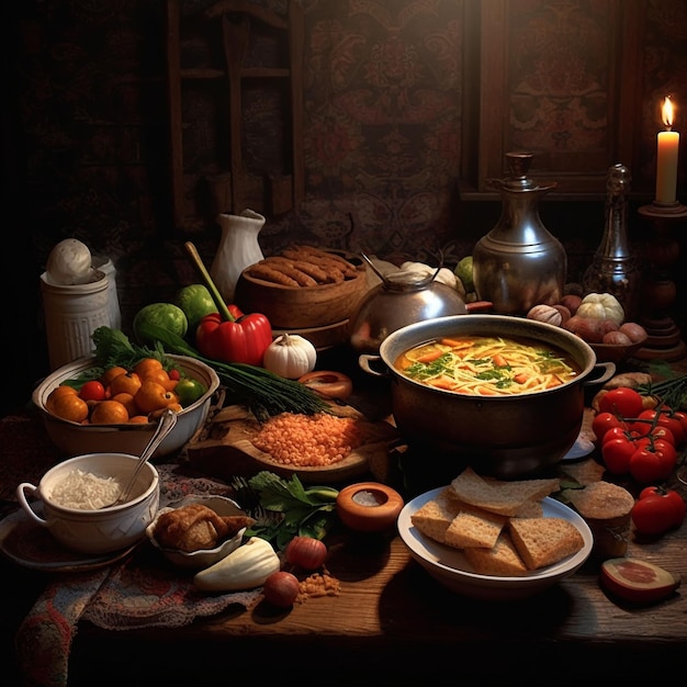 A table full of food including a pot of food and a candle.