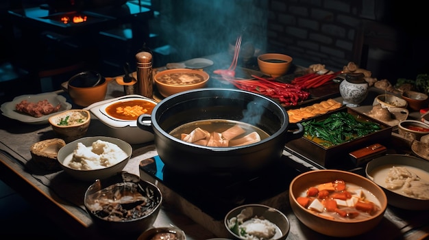 A table full of food including a pot of soup and a pot of food.