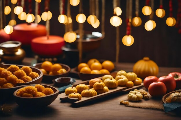 A table full of food including pumpkins, apples, and pumpkins