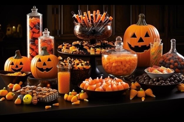 Photo a table full of food including pumpkins candy candy and a bottle of orange juice