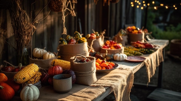 A table full of food including pumpkins and gourds