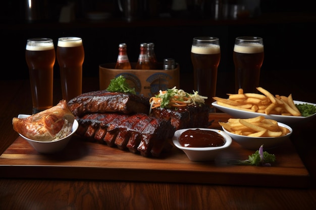 A table full of food including ribs, fries, and beer.