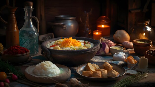 A table full of food including rice, bread, and a candle.