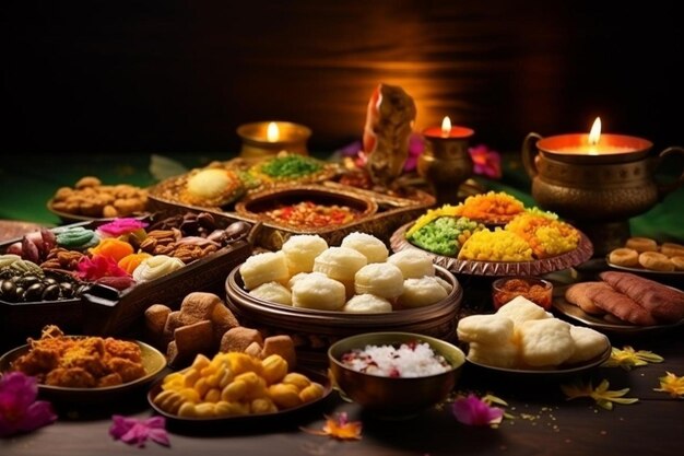 Foto un tavolo pieno di cibo tra cui riso, riso e fiori