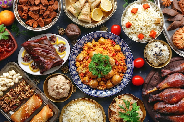 飯と肉を含む食べ物で満たされたテーブル