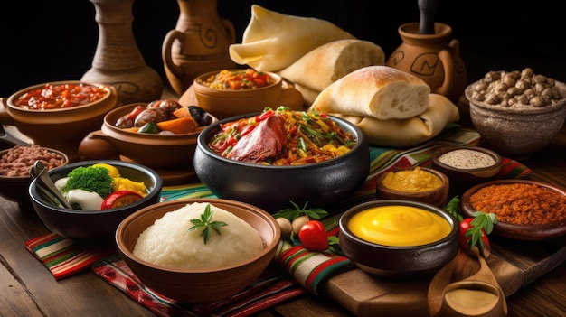 a table full of food including rice, rice, and vegetables.