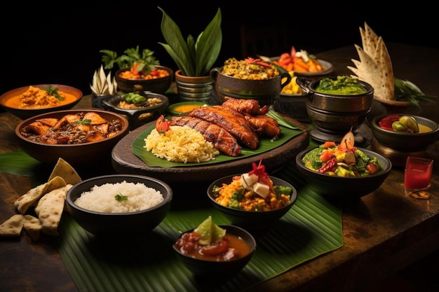 A table full of food including rice, rice, and vegetables.