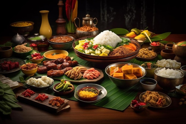 a table full of food including rice, rice, and vegetables.