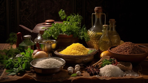 A table full of food including rice, vegetables, and herbs.