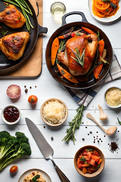 A table full of food including a roast chicken and vegetables.