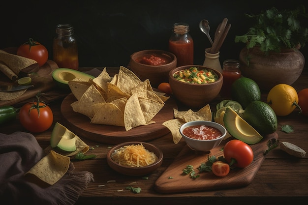 A table full of food including salsa, avocado, salsa, and salsa.