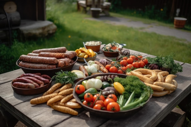 Стол, полный еды, включая колбасы, сосиски и другие продукты.