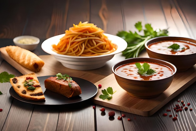 A table full of food including spaghetti and tomato sauce.