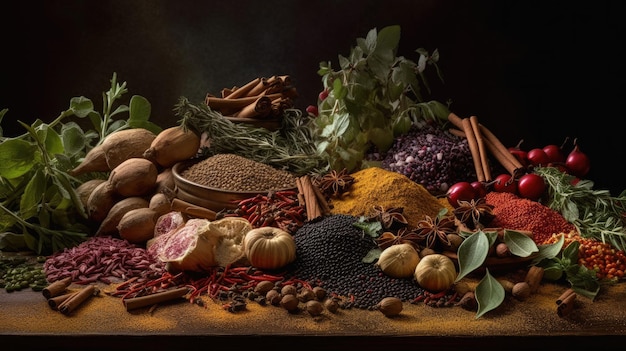 A table full of food including spices and herbs.