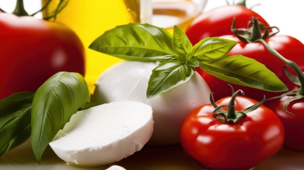 A table full of food including tomatoes, basil, and basil.